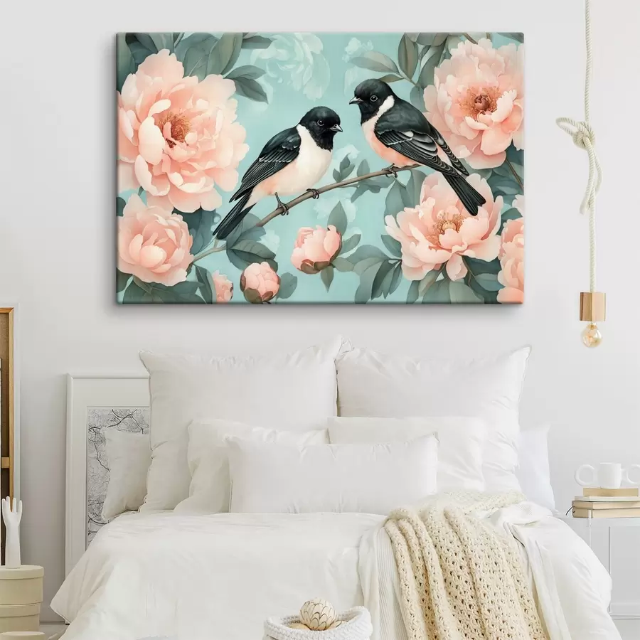  Peintures Deux oiseaux sur la branche avec des pivoines s44786