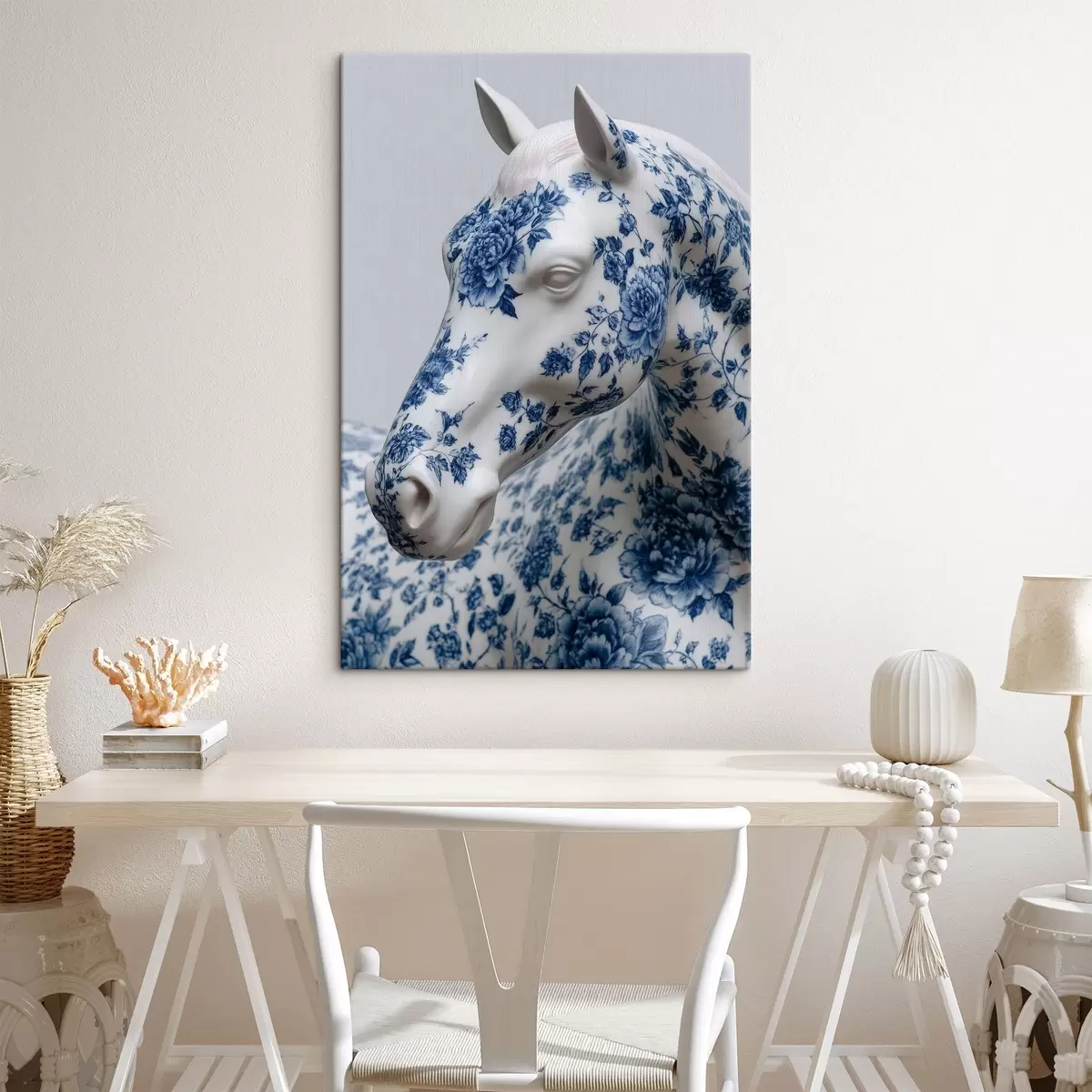  Peintures Cheval en porcelaine avec impression de fleurs bleues s44789