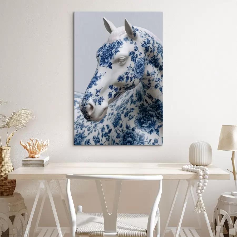  Schilderijen Porseleinen paard met blauwe bloemen print s44789