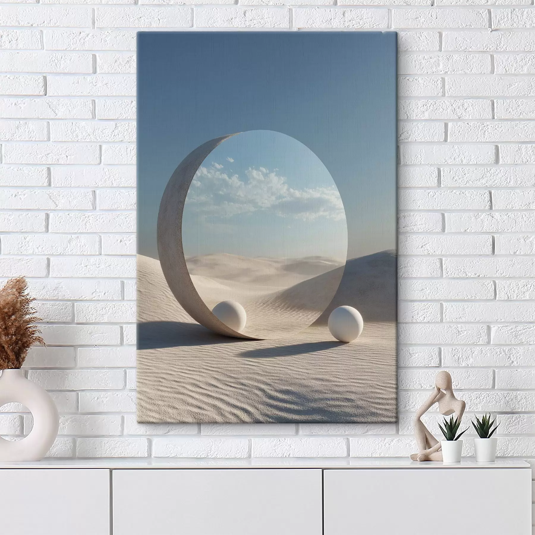  Peintures Paysage désertique surréaliste avec un miroir rond reflétant le ciel et la lune s44792