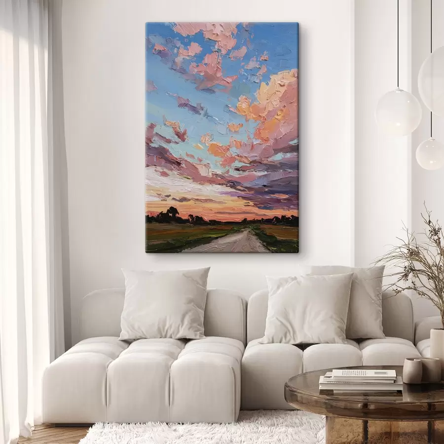  Peintures Ciel au coucher du soleil, route dans les champs, coups de pinceau vifs, imitation du style à l'huile s44795