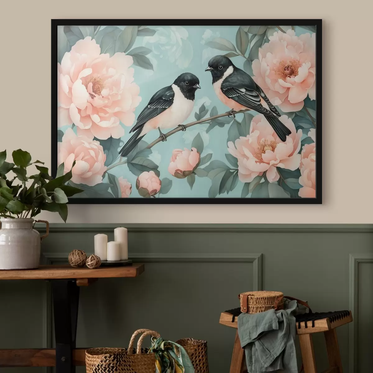 Poster Twee vogels op de tak met pioenrozen f44786
