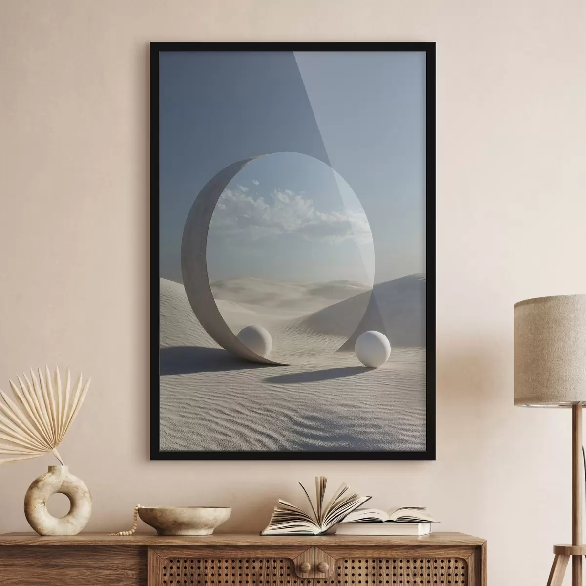 Poster Surrealistisch woestijnlandschap met een ronde spiegel die de hemel en de maan weerspiegelt f44792