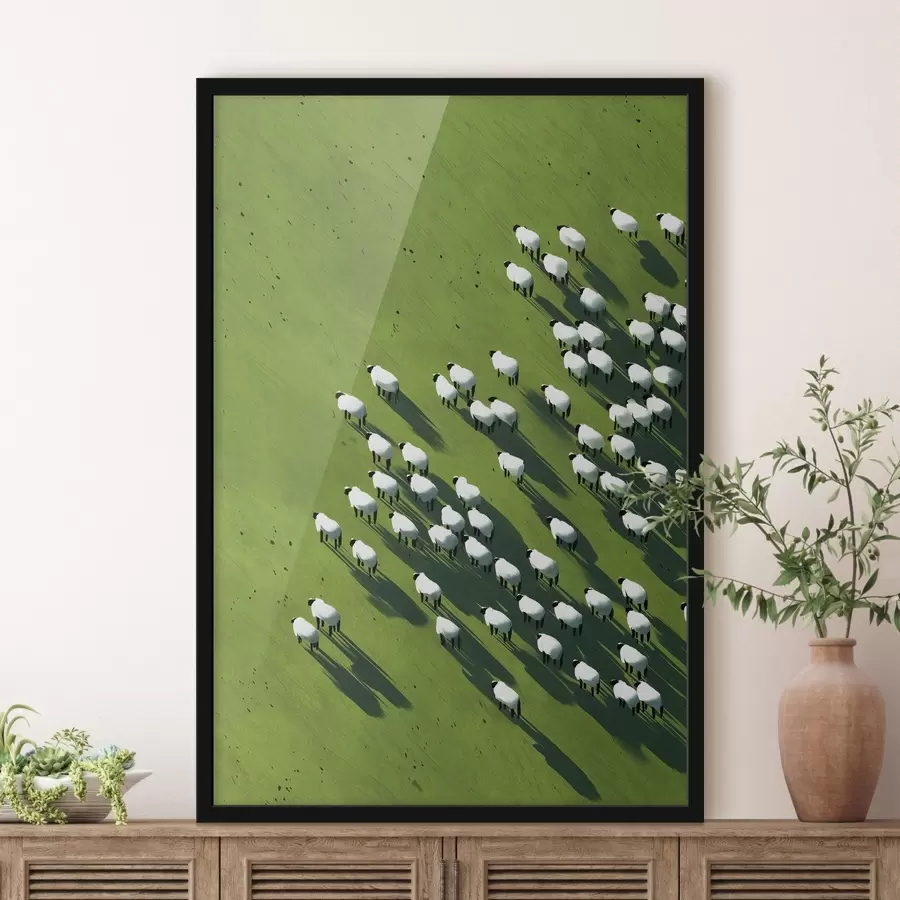 Papier peint photo Champ vert avec un troupeau de moutons, abstraction, vue aérienne f44793