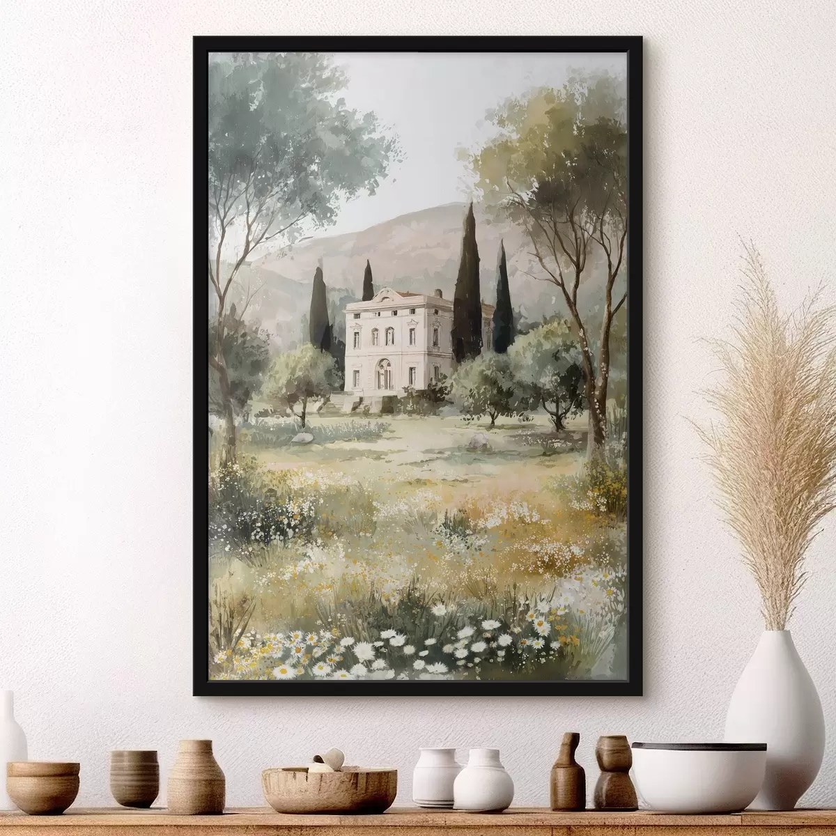 Affiche Village méditerranéen avec maison blanche entourée de jardin f44796