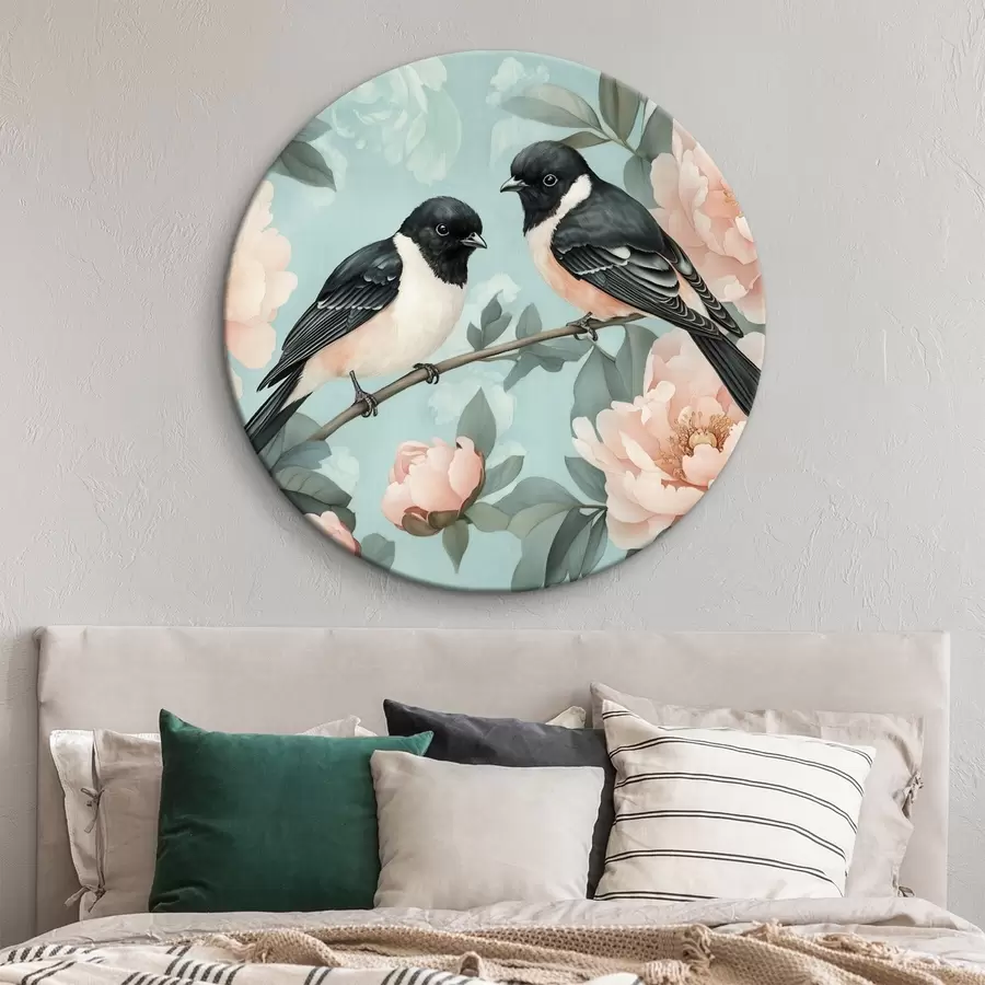  Schilderijen Twee vogels op de tak met pioenrozen r44786