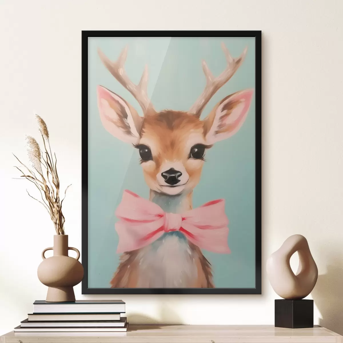 Affiche Cerf avec un nœud rose f44802