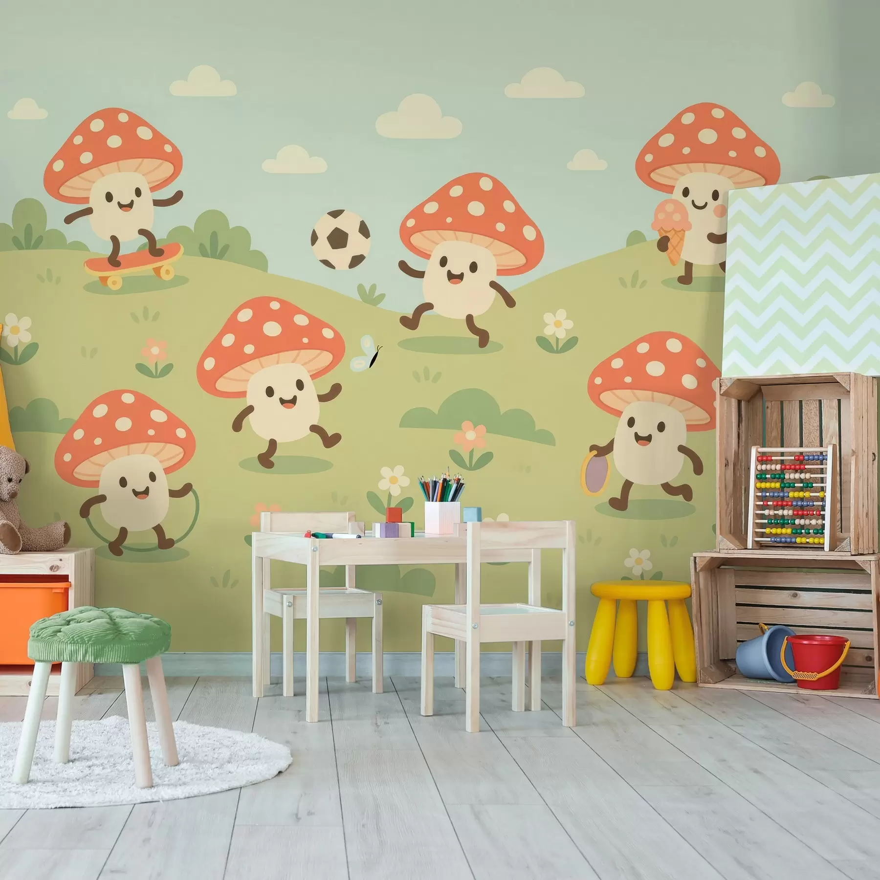 Fotobehang vrolijke paddenstoelen vliegenzwam w04140