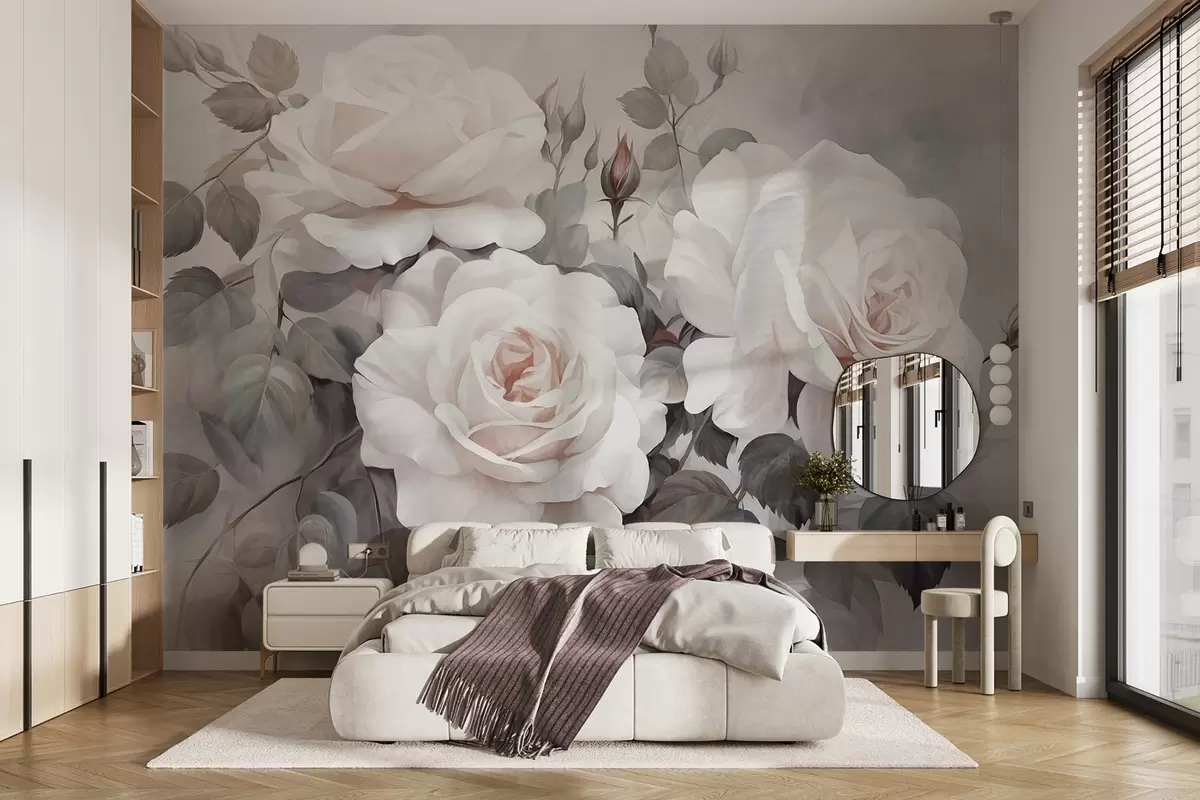 Fotobehang Gestructureerde witte rozen met bladeren en stengels, zachte pastelkleuren, elegante vintage stijl, fijne penseelstreken w09198