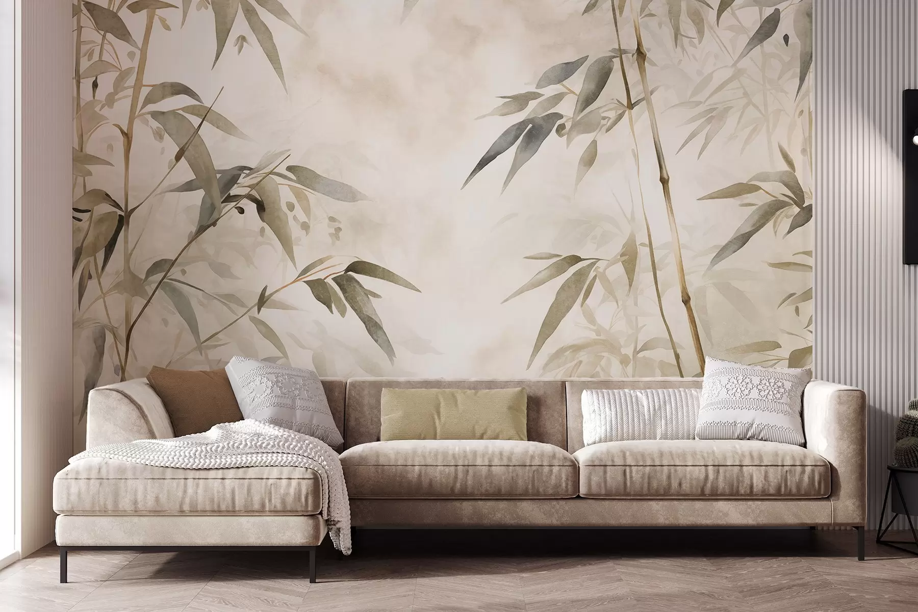 Fotobehang Takken met bamboetextuur en bladeren in aquarelstijl, zacht neutraal kleurenpalet, lichtbeige achtergrond w09204