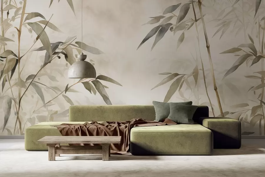 Papier peint photo Branches de bambou texturées avec des feuilles dans un style aquarelle, palette de couleurs neutres et douces, fond beige clair w09204