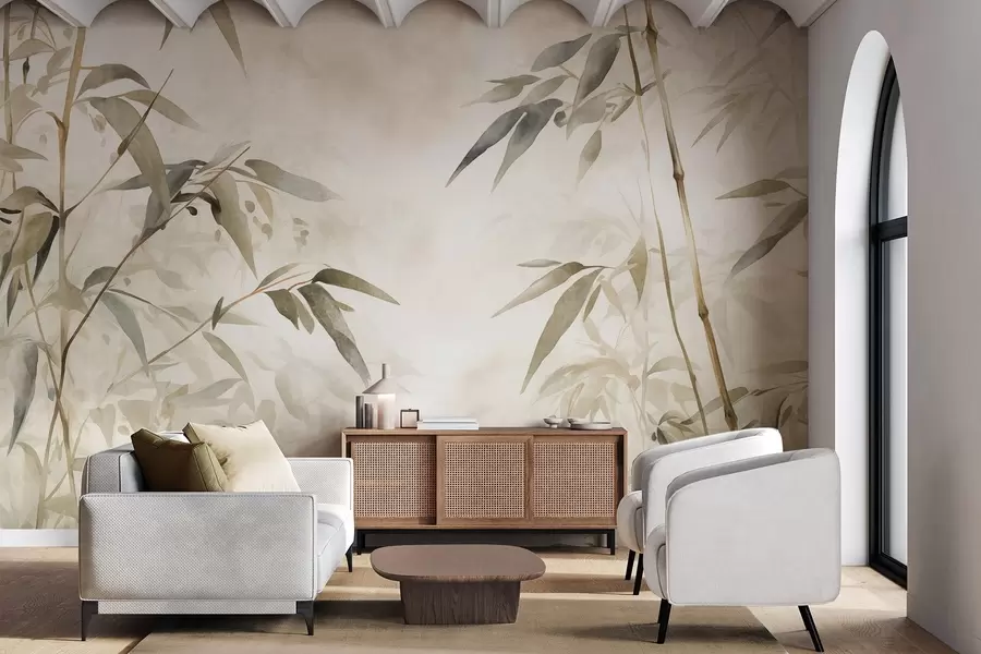 Fotobehang Takken met bamboetextuur en bladeren in aquarelstijl, zacht neutraal kleurenpalet, lichtbeige achtergrond w09204