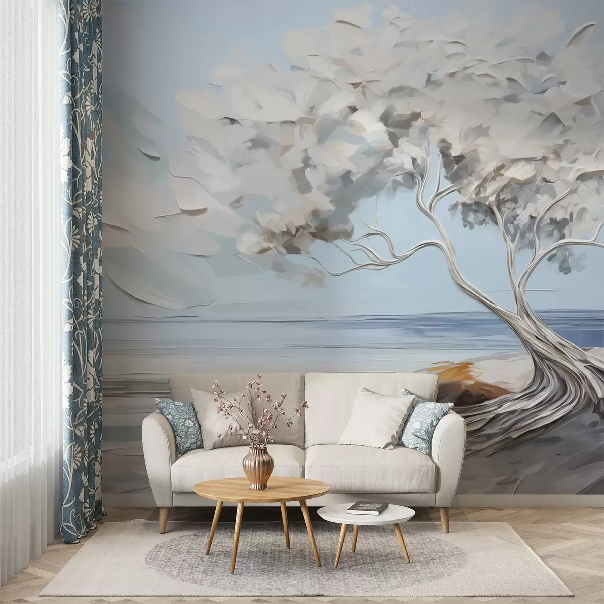 Fotobehang Een witte boom met dikke en getextureerde bladeren op een zandstrand, landschap met een lichtblauwe lucht w09205