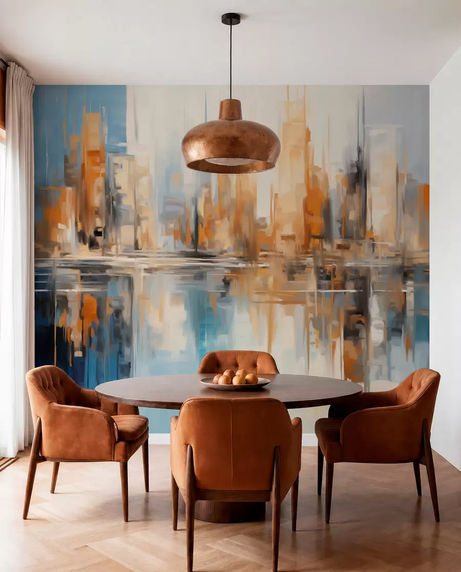 Papier peint photo Paysage urbain abstrait texturé avec de grands bâtiments dans les tons orange, bleu et blanc, se reflétant dans l'eau w09207