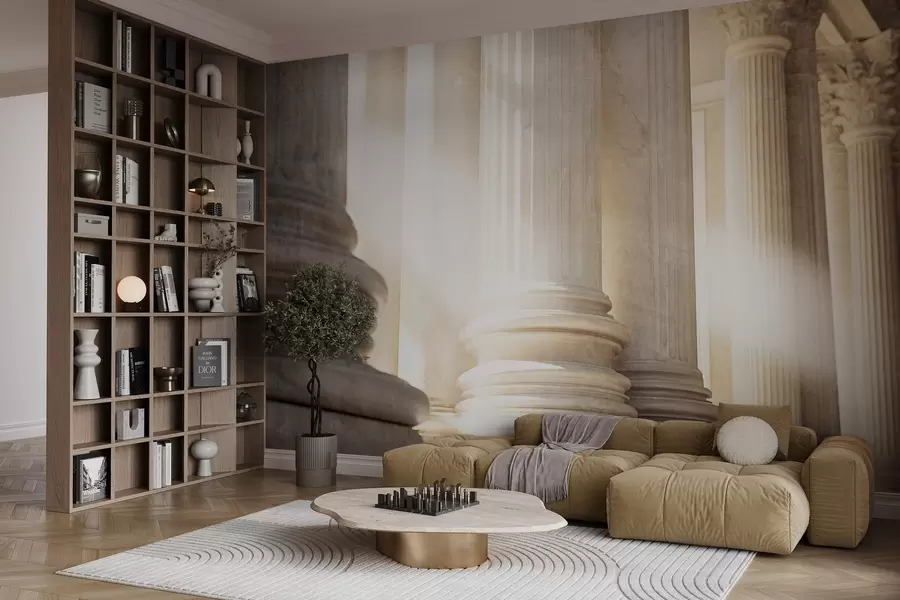 Papier peint photo Colonnes, architecture classique, design élégant, composition symétrique texturée, palette de couleurs neutres w09209