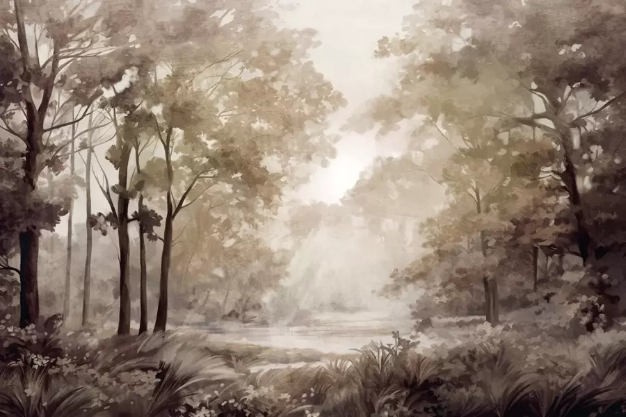 Papier peint photo Paysage forestier texturé, arbres aux feuilles beiges et brunes, palette de couleurs pastel w09210