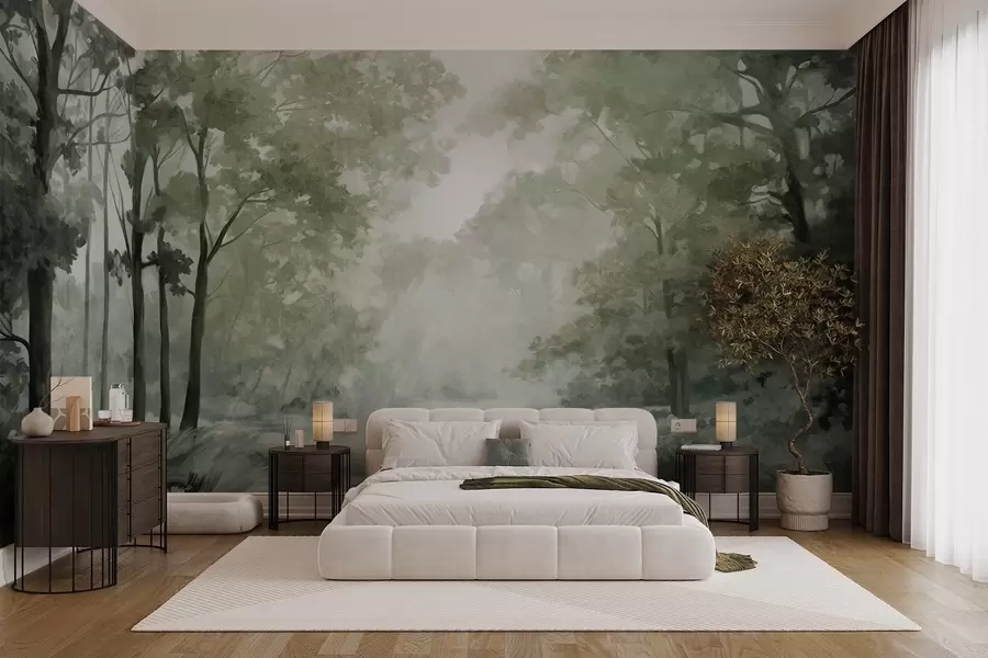 Fotobehang Boslandschap met structuur, bomen met groene bladeren, pastelkleurenpalet w09210v2