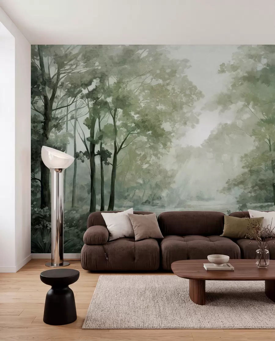 Fotobehang Boslandschap met structuur, bomen met groene bladeren, pastelkleurenpalet w09210v2