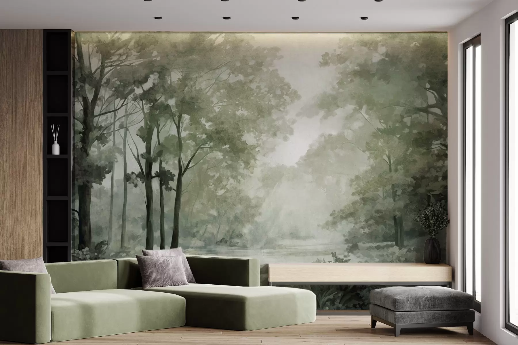 Fotobehang Boslandschap met structuur, bomen met groene bladeren, pastelkleurenpalet w09210v2