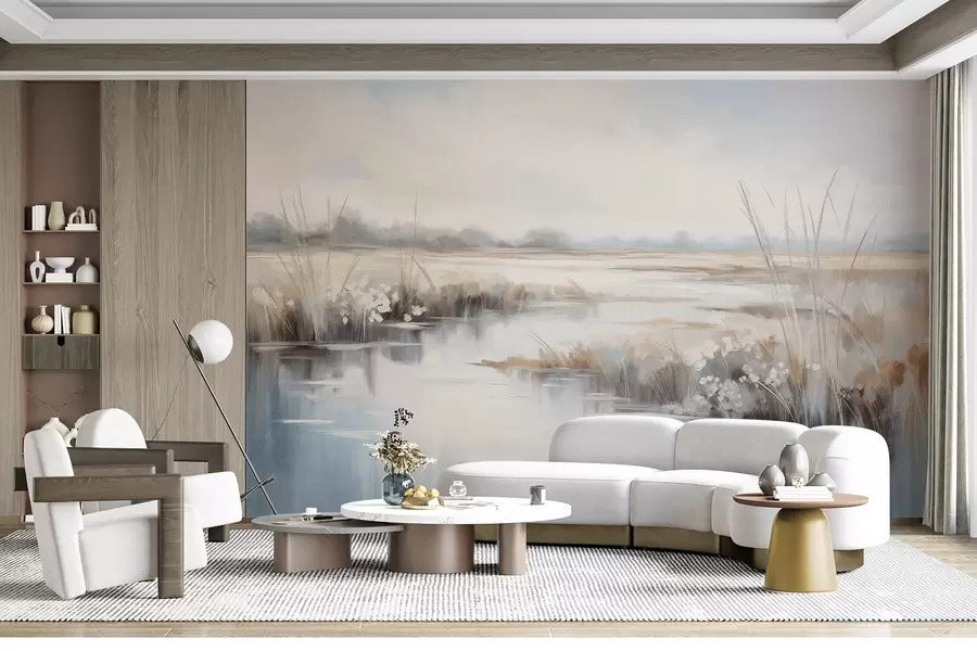 Fotobehang Rustig landschap met hoge grassen en kalm water, zachte pastelkleuren, verre bomen aan de horizon w09213