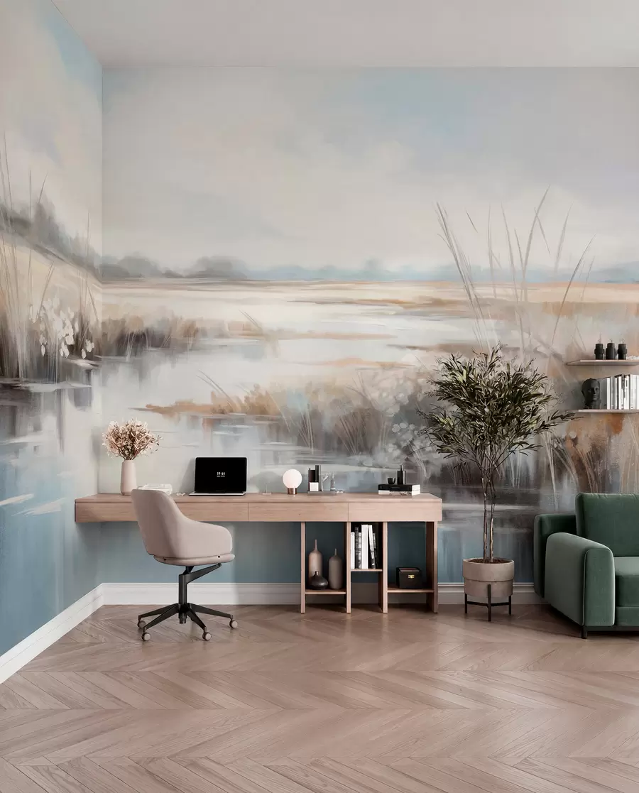 Fotobehang Rustig landschap met hoge grassen en kalm water, zachte pastelkleuren, verre bomen aan de horizon w09213