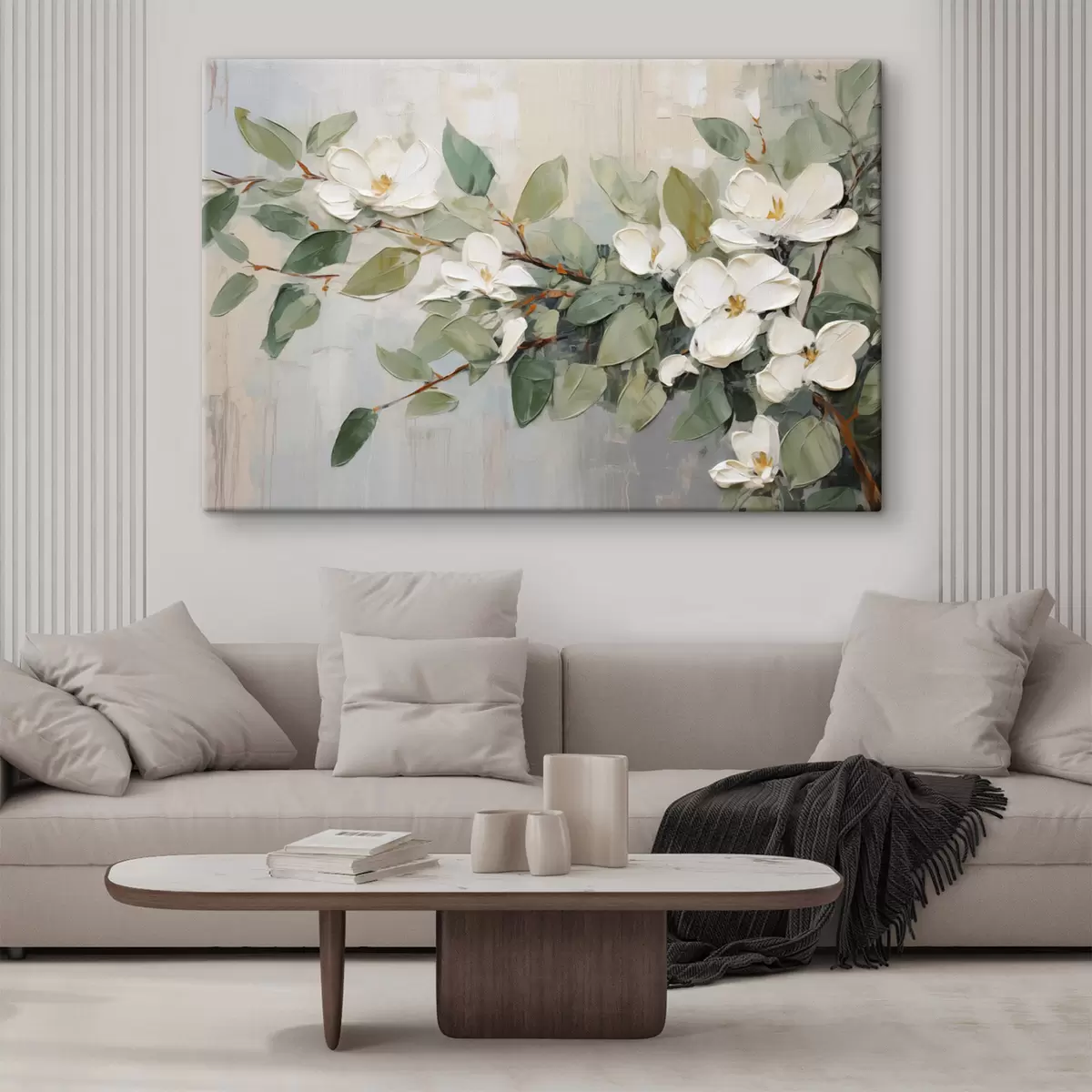  Schilderijen Magnolia bloemen met groene bladeren op een tak, impasto structuurstijl, zacht kleurenpalet s44853
