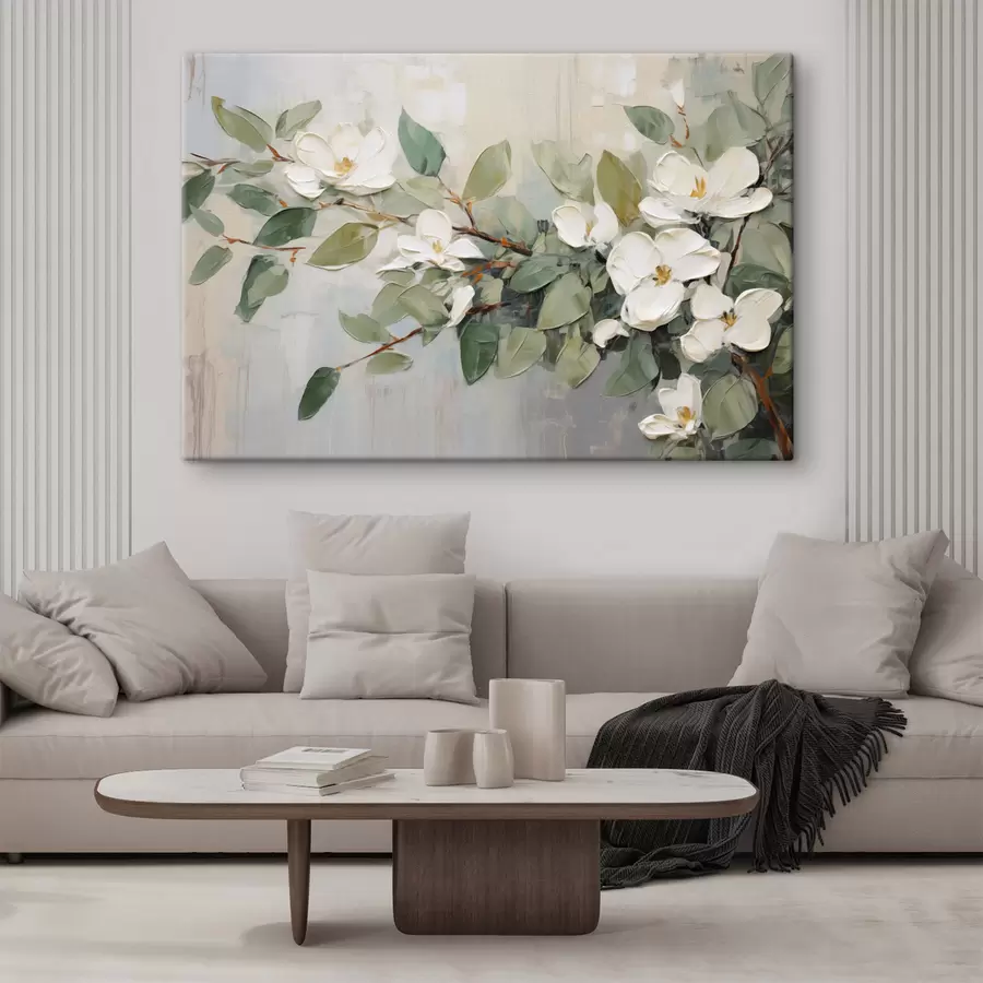  Peintures Fleurs de magnolia avec feuilles vertes sur une branche, style texturé par empâtement, palette de couleurs douces s44853