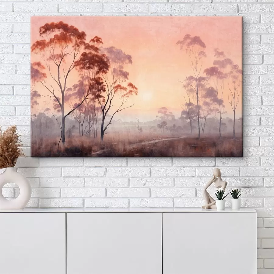  Schilderijen Een landschapschilderij van een veld met hoog gras en bomen, de zon staat op de achtergrond s44854