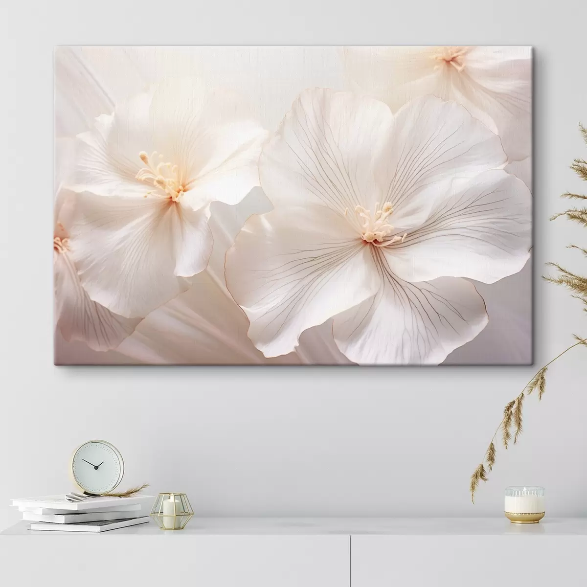  Peintures Fleurs blanches délicates avec des pétales et des centres aux couleurs douces et pastel, créant un art floral éthéré et rêveur s44858