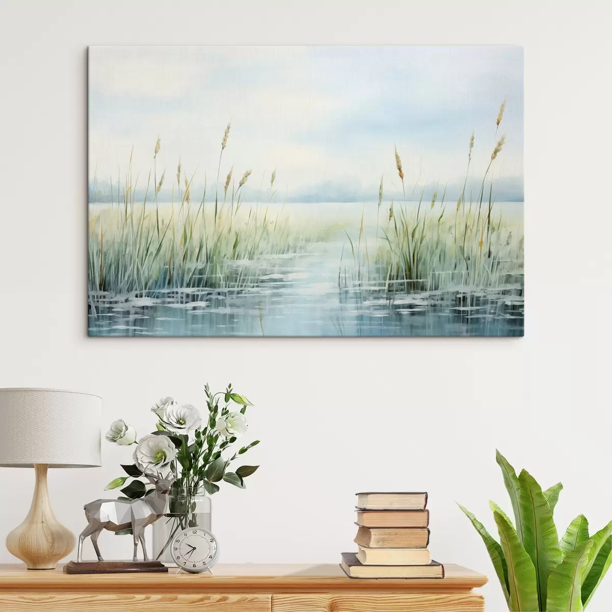  Schilderijen Een aquarel schilderij imitatie van hoog gras groeit in de buurt van water, bewolkte lucht en onscherpe achtergrond s44860