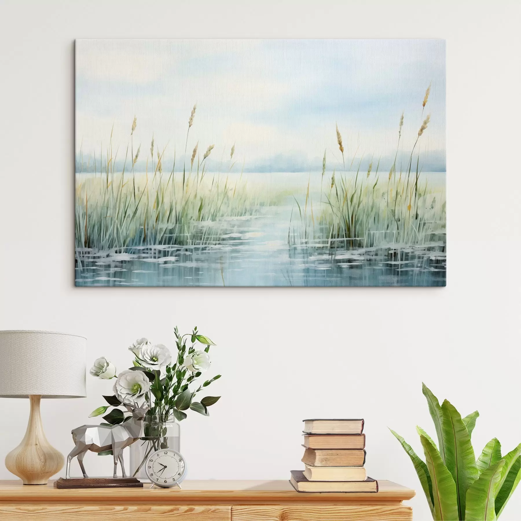  Schilderijen Een aquarel schilderij imitatie van hoog gras groeit in de buurt van water, bewolkte lucht en onscherpe achtergrond s44860