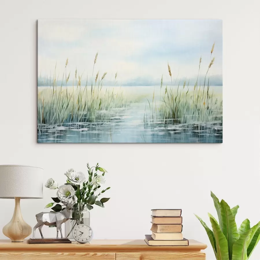  Schilderijen Een aquarel schilderij imitatie van hoog gras groeit in de buurt van water, bewolkte lucht en onscherpe achtergrond s44860