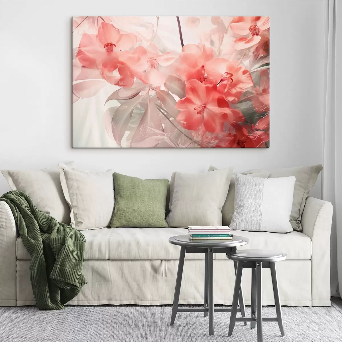  Peintures Des fleurs tropicales d'un rose éclatant et des feuilles d'un vert doux et discret, créant des textures délicates et rêveuses s44861