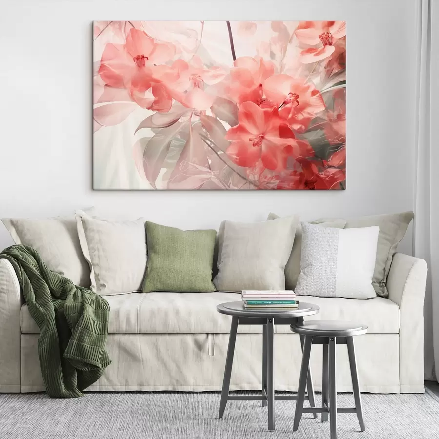  Schilderijen Levendige roze tropische bloemen met zachte, gedempte groene bladeren, die een dromerige delicate textuur creëren s44861