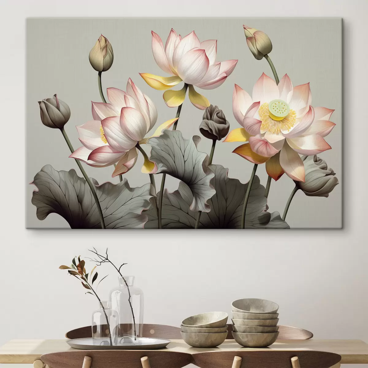  Peintures Fleurs de lotus aux pétales pastel et aux feuilles vertes, dans une palette de couleurs sourdes, sur un fond uni s44862