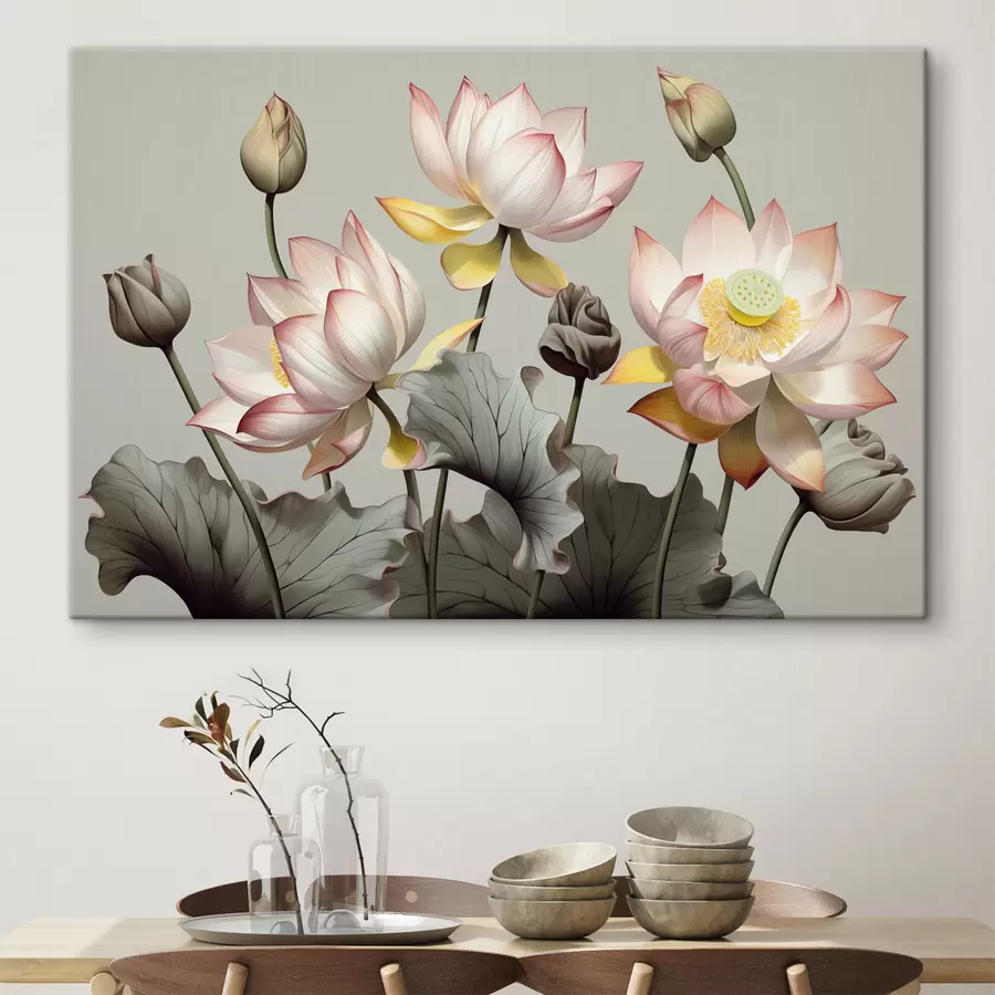  Peintures Fleurs de lotus aux pétales pastel et aux feuilles vertes, dans une palette de couleurs sourdes, sur un fond uni s44862
