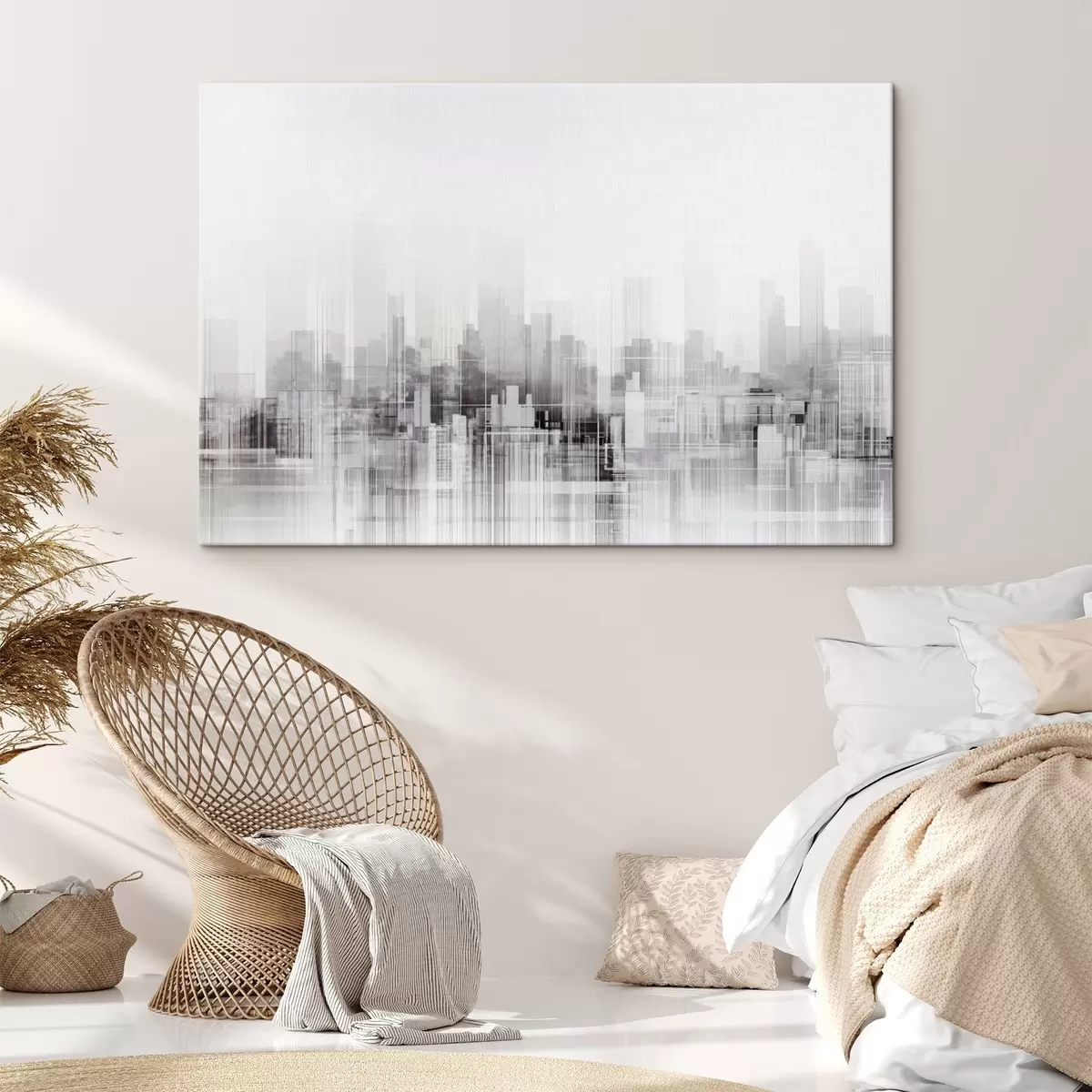  Peintures Paysage urbain minimaliste texturé avec de grands bâtiments et des gratte-ciel, silhouettés sur un ciel blanc s44863