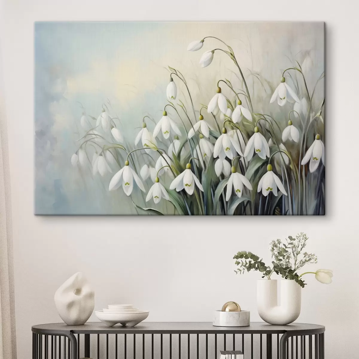  Schilderijen Witte sneeuwklokjesbloemen met blauwe en groene stengels en bladeren, zachte penseelstreken, onscherpe achtergrond s44864