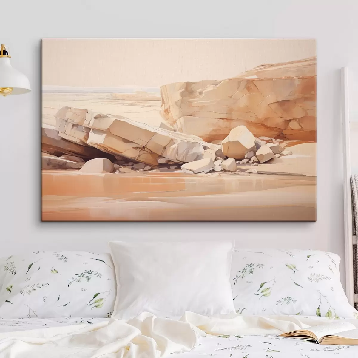  Peintures Paysage minimaliste de plage rocheuse avec de grands rochers marron clair et de l'eau claire s44865