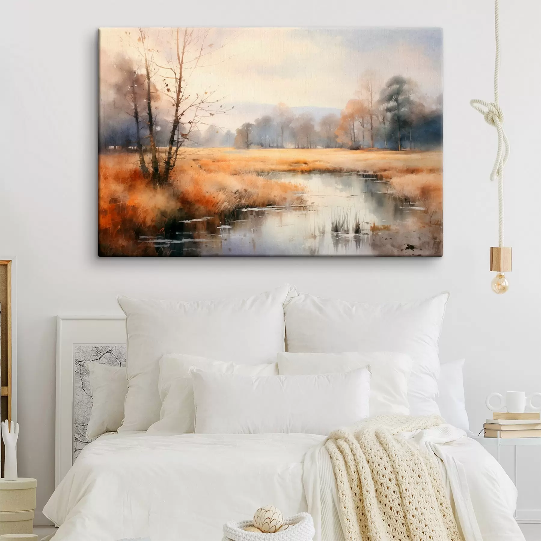  Peintures Une peinture de paysage tranquille et texturée imitant les roseaux et les arbres dénudés, l'eau calme sous un ciel s44867