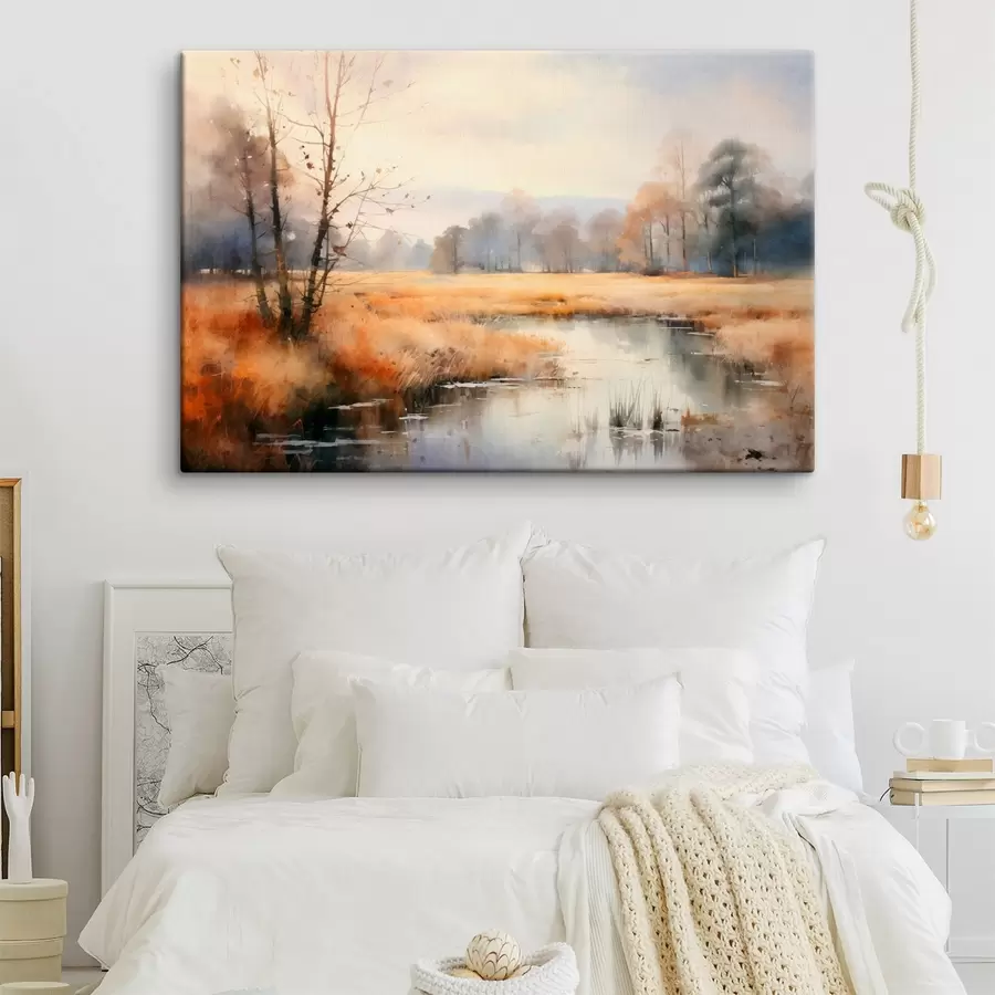  Peintures Une peinture de paysage tranquille et texturée imitant les roseaux et les arbres dénudés, l'eau calme sous un ciel.. s44867