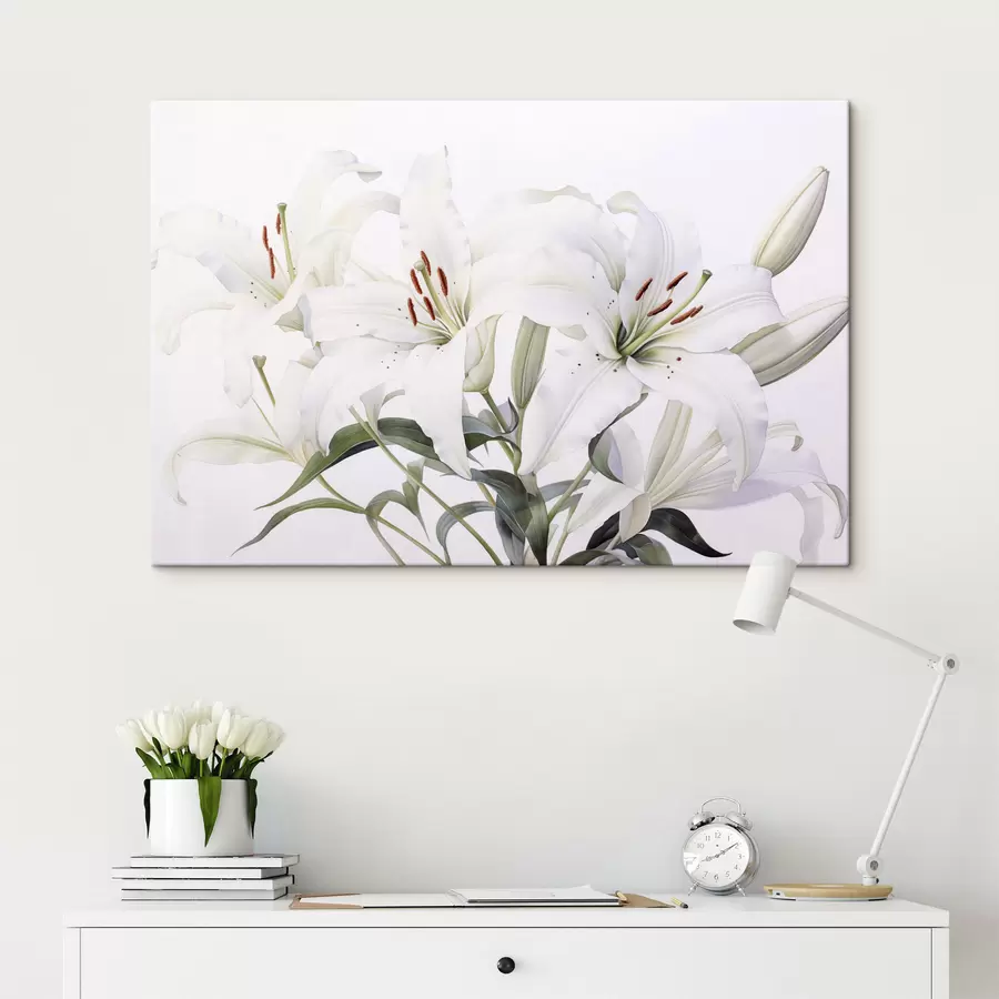  Peintures Un bouquet de lys blancs avec des feuilles vertes, des pétales délicats et un fond blanc doux s44868