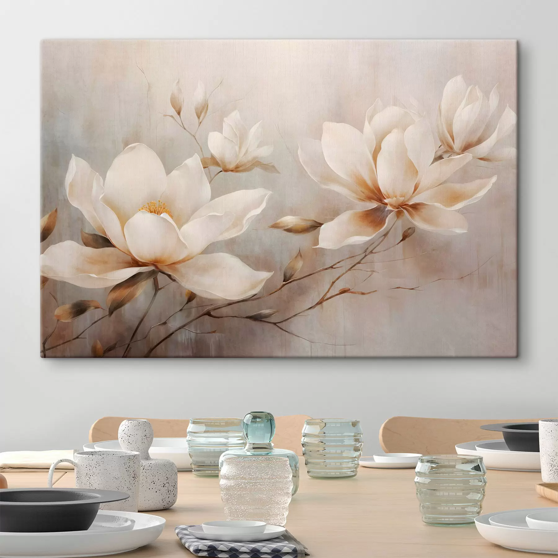  Peintures Fleurs de magnolia blanches texturées sur des branches sur un fond marron clair s44869