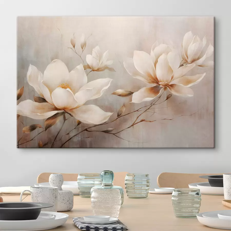  Peintures Fleurs de magnolia blanches texturées sur des branches sur un fond marron clair s44869