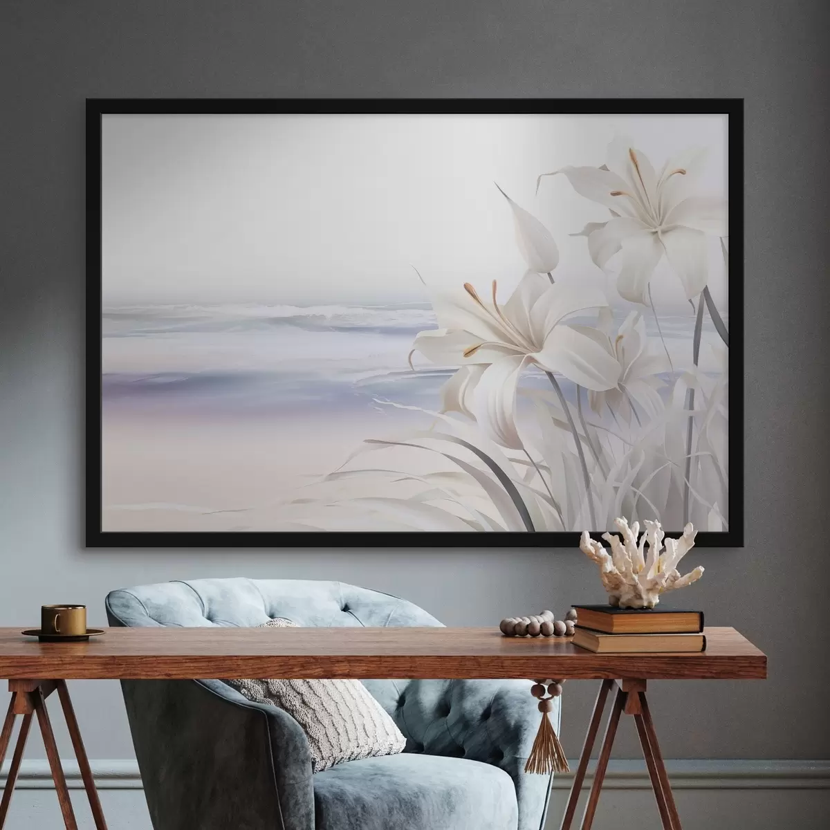 Affiche Lys blancs avec pistils orange et longues feuilles sur une plage avec des vagues douces en arrière-plan, couleurs pastel f44850