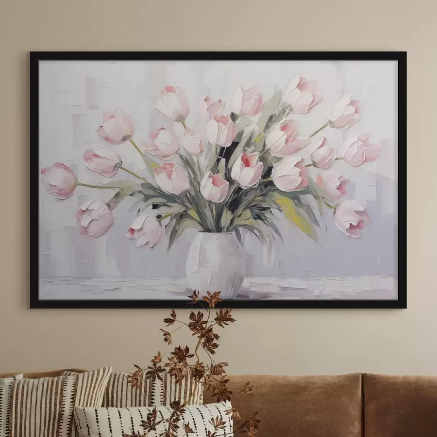 Papier peint photo Un vase avec des tulipes roses, des feuilles vertes, fond gris clair, style peinture à l'huile, coups de pinceau épais f44852