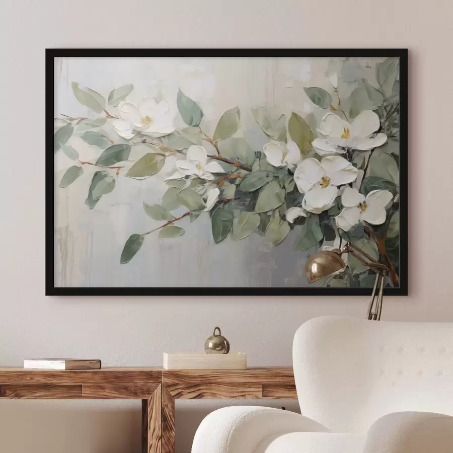 Papier peint photo Fleurs de magnolia avec feuilles vertes sur une branche, style texturé par empâtement, palette de couleurs douces f44853
