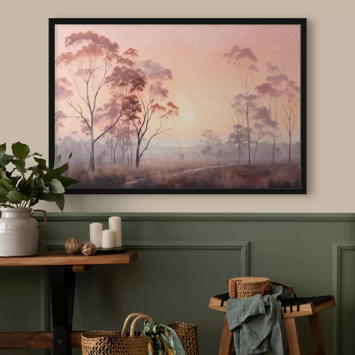 Affiche Peinture de paysage représentant un champ avec des herbes hautes et des arbres, avec le soleil en arrière-plan f44854