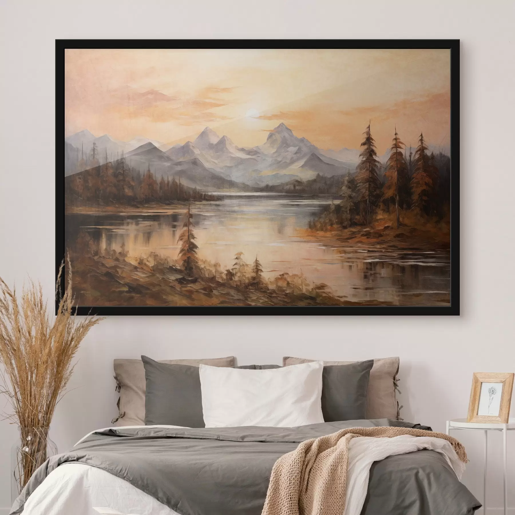 Papier peint photo Paysage avec un lac entouré d'arbres et de montagnes en arrière-plan, ciel orange avec le soleil f44857