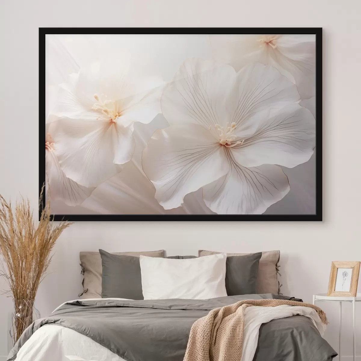 Poster Delicate witte bloemen met bloemblaadjes en zachte, pastelkleurige hartjes, die een dromerige en etherische bloemsierkunst creëren f44858